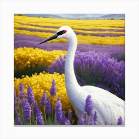 A White Noble Crane In The Center Of Vast Yellow L Canvas Print