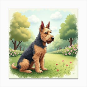 A Serene Scottish Terrier Sitting By Its Owner In A Peaceful Garden, Watercolor 1 Canvas Print