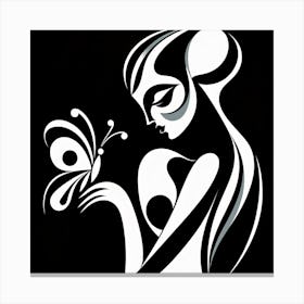 Demure Black & White Abstract Female Figure with Butterfly Canvas Print