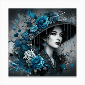 Asian Woman With Blue Flowers Canvas Print