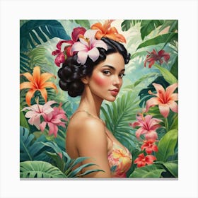 Woman In Tropical Flower Garden Art Print 0 Canvas Print