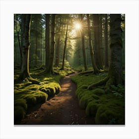 A Tranquil Forest Path With Sunlight Streaming Through The Trees And A Carpet Of Moss 2 Canvas Print