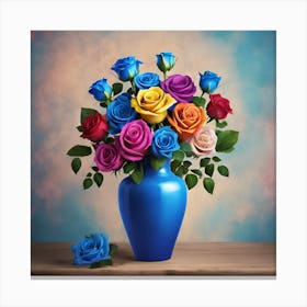 Colorful Roses In A Blue Vase Canvas Print