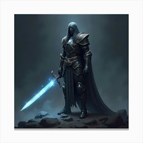 A Warrior In Dark Armor Holding A Glowing Sword Of Light 1 Canvas Print