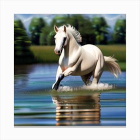 White Horse Running In Water 8 Canvas Print