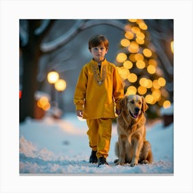 Boy And Dog In The Snow 4 Canvas Print