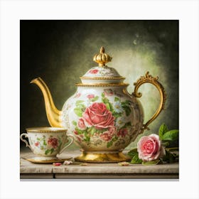 A very finely detailed Victorian style teapot with flowers, plants and roses in the center with a tea cup 13 Canvas Print