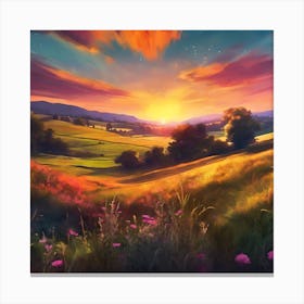 Evening Sunset across the Wild Flower Meadow Canvas Print