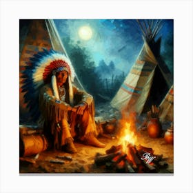 A Oil Texture Native American Indian By A Campfire 3 Copy Canvas Print