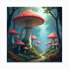 Giant Mushroom Forest With Vibrant, Magical Spores Floating Through The Air 1 Canvas Print