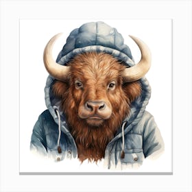 Watercolour Cartoon Bison In A Hoodie 3 Canvas Print