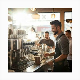 Barista Swiftly Spinning Pouring Water Into A Gleaming Espresso Machine Amidst Morning Rush In Bu 2 1 Canvas Print