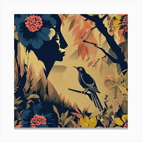 Retro Pop Inspired Floral Pattern With Navy Bird And Branches Canvas Print