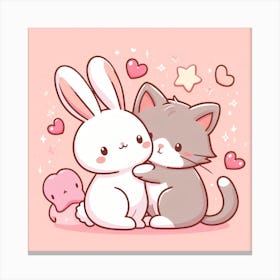Cute Kawaii Cat And Rabbit Canvas Print