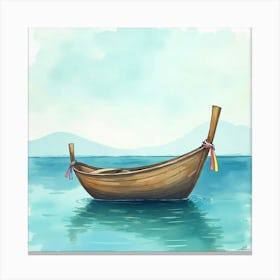 Classic Wooden Boat In Watercolor Tranquil Lagoon 1 Canvas Print