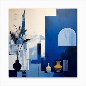 Abstract Minimalist Contemporary Art Print - Blue & White Wall With Pots Canvas Print