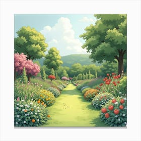 A Serene English Garden In Full Bloom, With A Watercolor Effect 1 Canvas Print