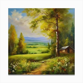 Landscape Painting.Canada's forests. Dirt path. Spring flowers. Forest trees. Artwork. Oil on canvas. Canvas Print