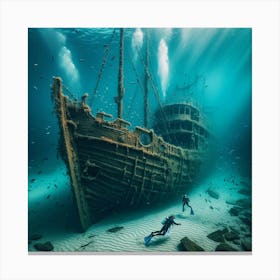 Into The Water Snorkeling In Amsterdam S Crystal Clear Lake, Unveiling A Sunken Shipwreck Style Hyperrealistic Underwater Art (2) Canvas Print