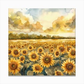 Sunflower Fields Watercolor Painting | A Field of Sunflowers in Kansas | Americana - At the Old Farmhouse | Home Sweet Home Idyllic Countryside Slow Living Nostalgic Canvas Print