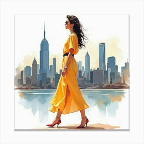 Fashionable Lady In Watercolor Attire, Grand City Skyline 1 Canvas Print