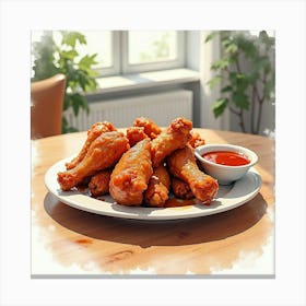 Watercolor Portrayal Of A Tender And Juicy Bbq Chicken Wings On A Cozy Dining Table Canvas Print