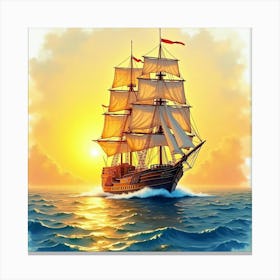 Grand Ship Navigating Watercolor Golden Sunset 1 Canvas Print