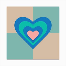 LOVE HEARTS CHECKERBOARD Single Retro Alt Valentines in Royal Blue Turquoise Pink on Beige Aqua Geometric Grid Canvas Print