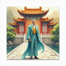 Graceful Man In Watercolor Suit, Elegant Ancient Temple 1 Canvas Print