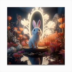 Funny Little White Cartoon Rabbit With Decorated Mirrow And Flowers 1 Canvas Print