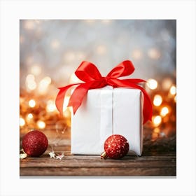 Christmas Decoration Featuring A White Gift Wrapped In Festive Red And White Ribbon Foreground Focu (1) Canvas Print