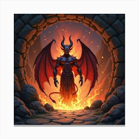 A Demon Emerging From A Fiery Portal In A Stone Cave 1 Canvas Print