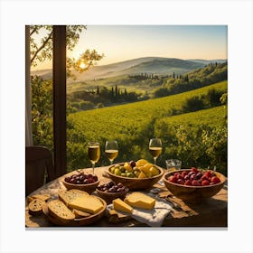 Sunrise in Tuscany: A wooden bowl brimming with fresh fruit, cheese, and bread on a rustic table, surrounded by wine glasses and a cruet of olive oil Canvas Print