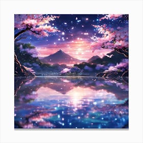 Midnight Blue Lake with Pink Cherry Blossom Trees Canvas Print