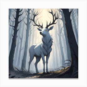 A White Stag In A Fog Forest In Minimalist Style Square Composition 7 Canvas Print