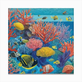 David Hockney Style: A Vibrant Coral Reef Teeming With Marine Life 1 Canvas Print