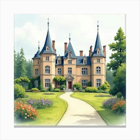 Watercolor Of The Mount Stuart In Scotland, Capturing Its Grand Design And Beautiful Gardens Canvas Print