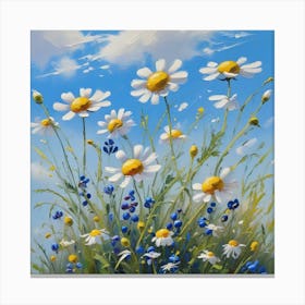 Beautiful Field Meadow Flowers Chamomile Blue Wild Peas In Morning Against Blue Sky With Clouds Nature Landscape Close Up Macro Wide Format Copy Space Delightful Pastoral Airy Artistic Image 0 Canvas Print