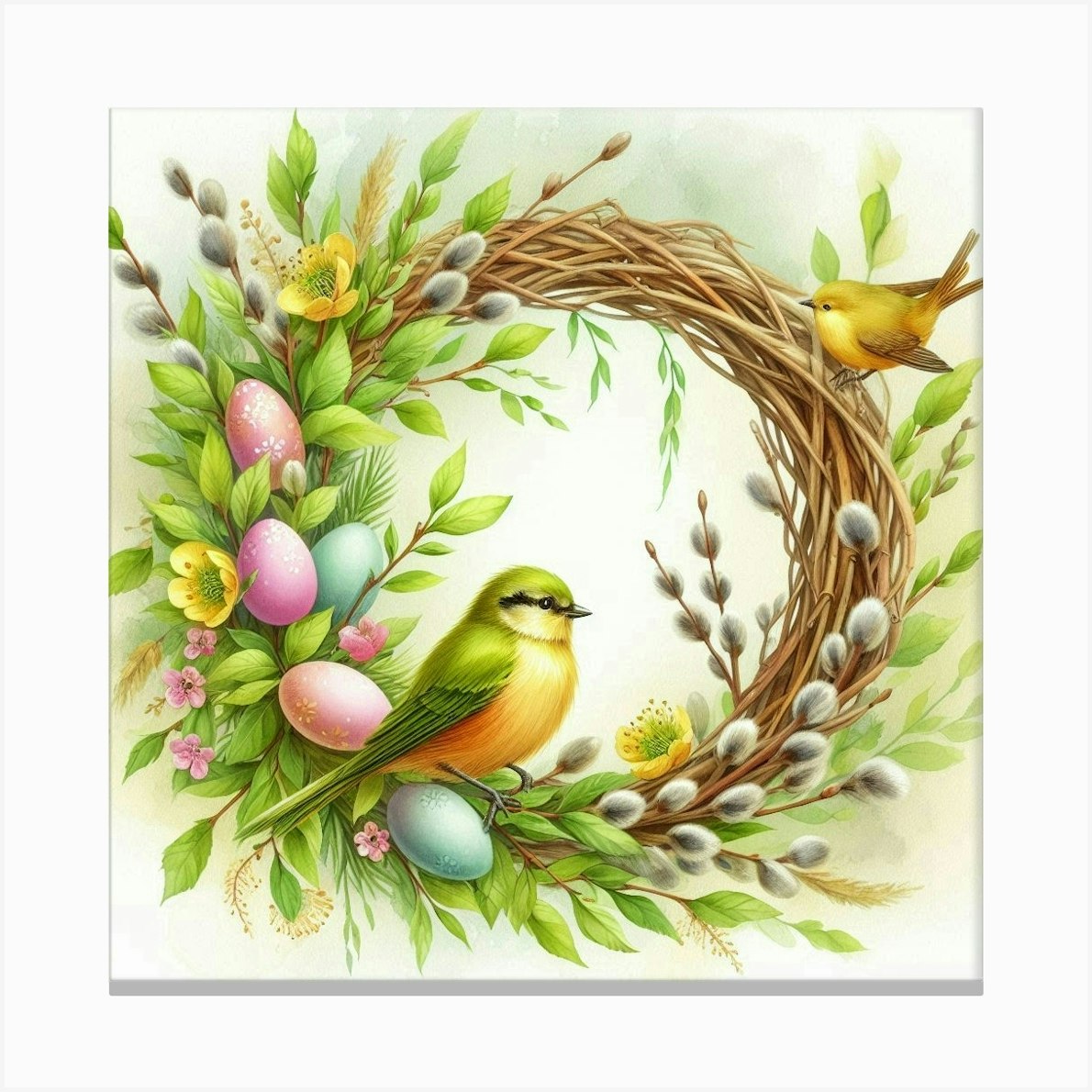 Easter Blooming Wreath With Willow Branches, Birds And Eggs, Watercolor Painting Style Canvas Print by SmetArt