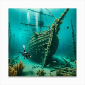 Into The Water Snorkeling In Amsterdam S Crystal Clear Lake, Unveiling A Sunken Shipwreck Style Hyperrealistic Underwater Art (4) Canvas Print
