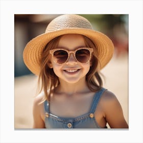 Smiling Little Girl In Straw Hat And Sunglasses 1 Canvas Print