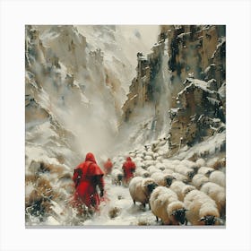 Shepherds In The Snow, In Warm Colors, Impressionism, Surrealism Canvas Print