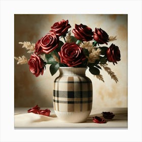 Roses In A Tan Plaid Vase Canvas Print