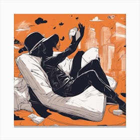 A Silhouette Of A Boy Wearing A Black Hat And Laying On Her Back On A Orange Screen, In The Style Of (2) Canvas Print