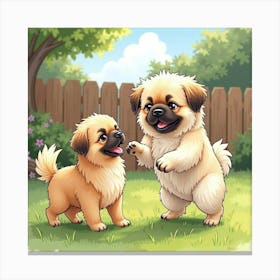 A Happy Pekingese Playing With A Family In A Sunny Backyard, Watercolor 1 Canvas Print