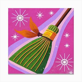 Green And Yellow Witch S Broomstick With Stars On Pink Background Canvas Print