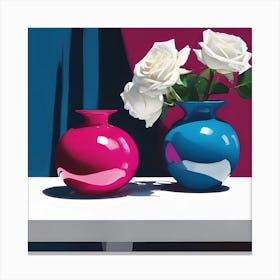 White Roses with Blue & Pink Ceramics Canvas Print