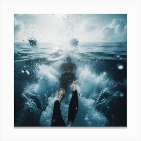 Underwater Portrait Of A Diver - Into the Water: A diver plunging into the ocean, with the water splashing all around them. The scene is captured from the diver's point of view, giving the viewer a sense of exhilaration and adventure. Canvas Print