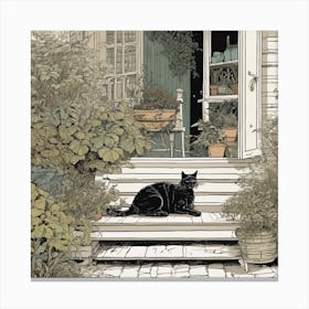 Black Cat On Porch Canvas Print