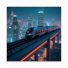 High Tech Train Gliding Above A Neon Lit Futuristic City At Night 1 Canvas Print